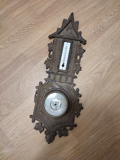 Baromètre Thermomètre Antique en Bois Sculpté, Allemagne, Thème Chasse de la Forêt-Noire - Canada