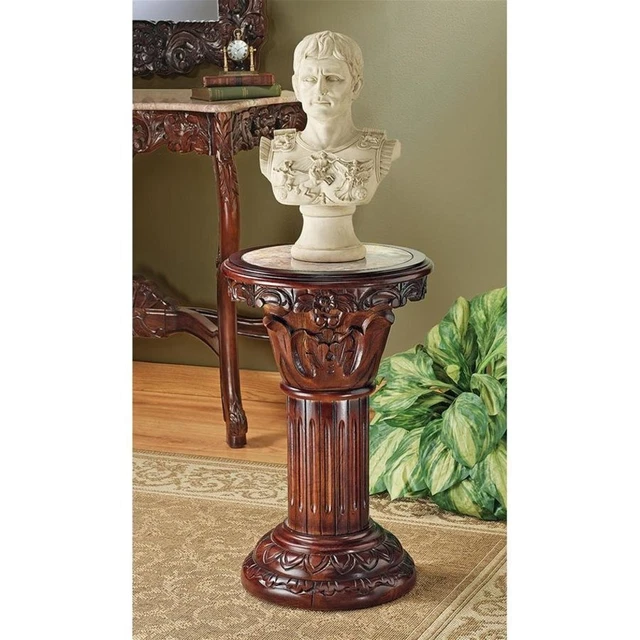 Hand-carved hardwood and solid natural marble column pedestal 23"