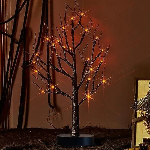 Black Halloween Tree with Lights 24 LED Orange with Timer Lighted Tabletop Gl...