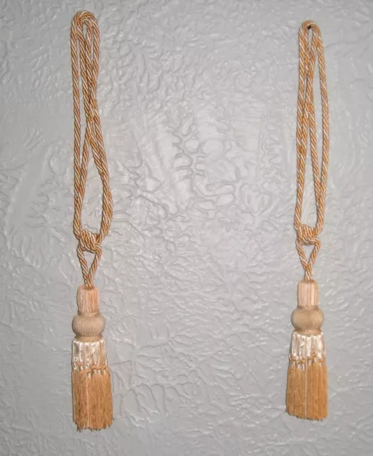 2 Vintage Drapery  9” Tassels w/ Ribbon Tie Backs Gold LARGE Thick Rope Cording