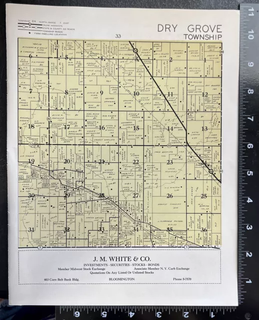 Plat Map Illinois 1957 Dry Grove Township Advertise McLean County Bloomington