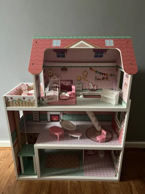 Used Wooden Dolls House 3 Storey Large Dollhouse with Furniture  Toys  Gift