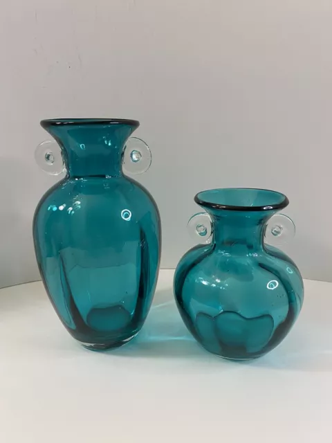 Vintage Art Glass Teal Green Set of Vases With Scroll Handles