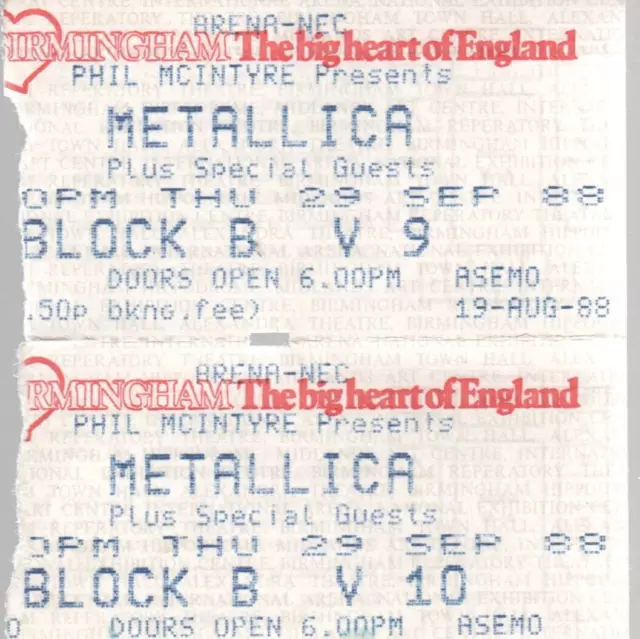 1988 METALLICA TICKET x 2 NEC Arena Birmingham