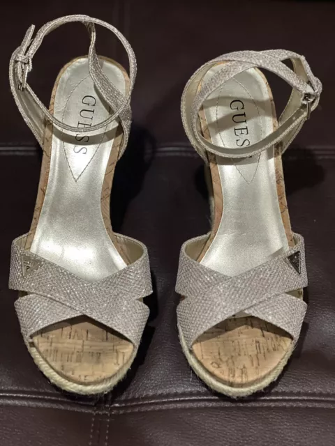 GUESS GOLD GLITTER Cork Wedge Shoes, Size 6 $25.00 - PicClick