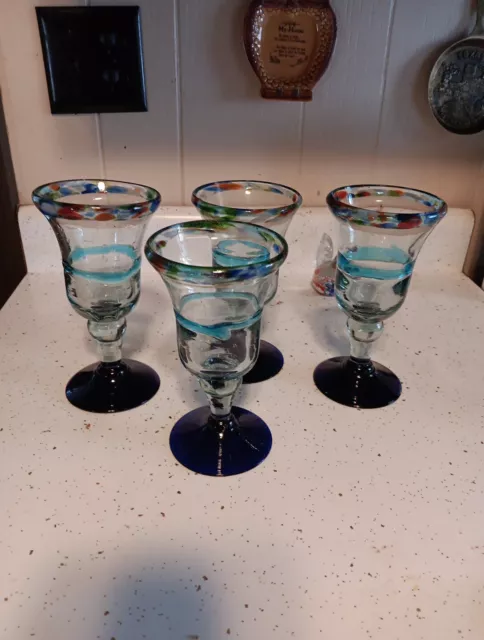 WINE / Margarita GLASSES HAND BLOWN COBALT BLUE/MULTI COLOR RIM   SET Of 4