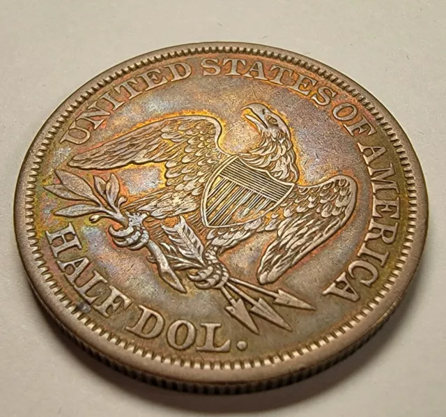 1843 Liberty Seated Half Dollar 50C, Colorful Toning