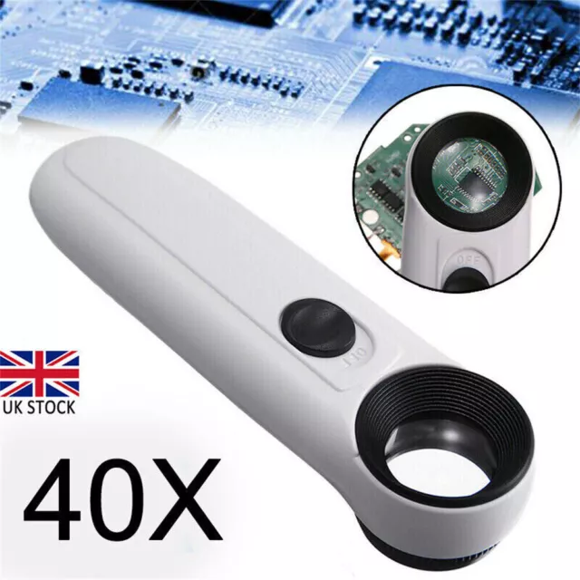 2-LED Handheld 40X Magnifier Reading Magnifying Glass Jewelry Loupe w/Light - UK