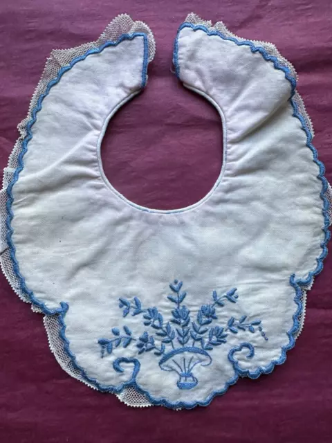 Beautiful French Antique baby bib - Cotton w Handmade Embroidery -Floral design