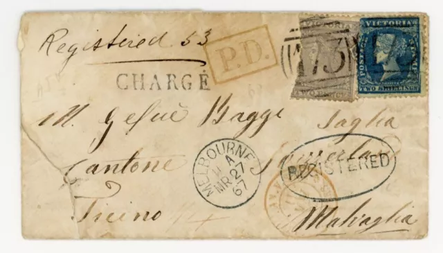AUSTRALIA 1867 VICTORIA 2/- and 2d TO SWITZERLAND REGISTERED COVER