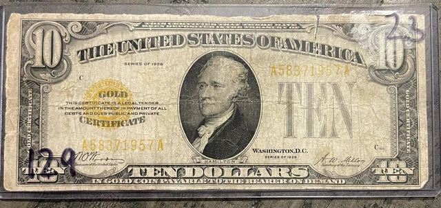1928 $10 Ten Dollar GOLD CERTIFICATE Small Size Circulated Nice VF