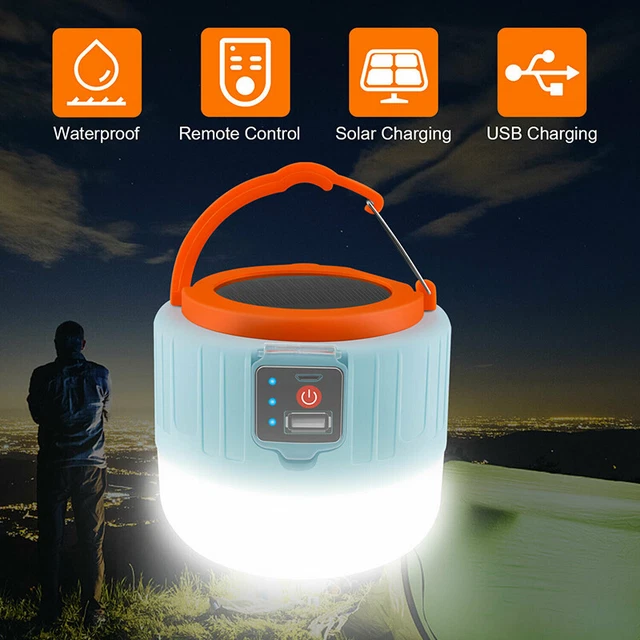 USB Rechargeable LED Solar Camping Lamp Tent Light Hiking Remote Lantern Outdoor