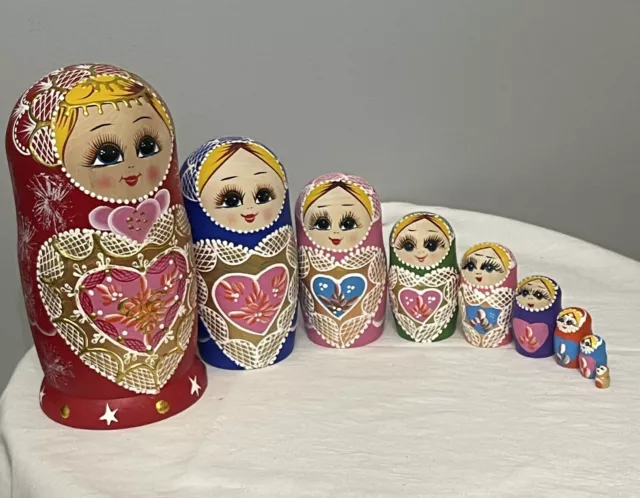 Matryoshka 10 Pc Wooden Hand Painted Russian Nesting Dolls Set Of 10