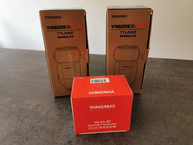 2 x Yongnuo YN600EX-RT II Blitzgerät + YN-E3-RT Transmitter Canon