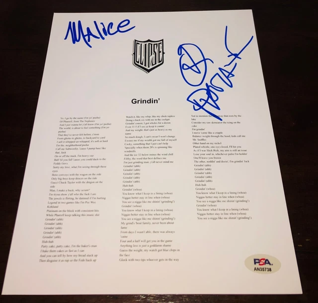 Pusha T Malice Clipse Grindin' Lord Willin Signed Lyric Sheet PSA RARE