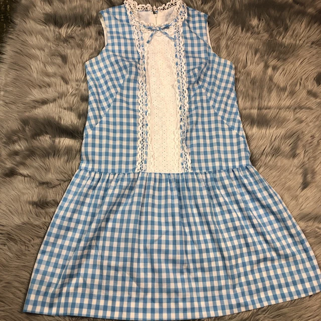 Vintage 1960s Women’s Blue White Checkered Drop Waist Lace Trim Dress