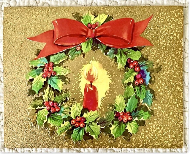 Christmas Unused Vintage Wreath Gold Textured Retro Greeting Card 1960s 1970s