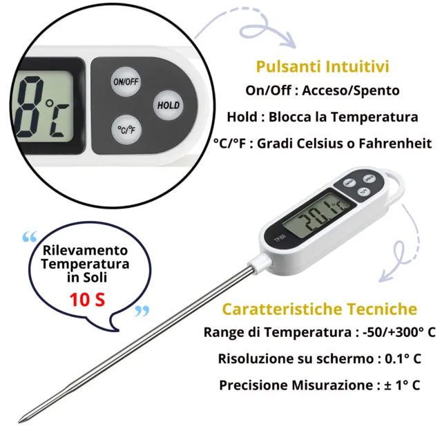 ATEC - Termometro Digitale LCD in Acciaio Inox da Cucina Multi-Unit (C°/F°)