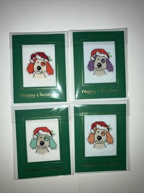 Christmas Cards - set of 4 -- dog wearing santa hat - completed cross stitch