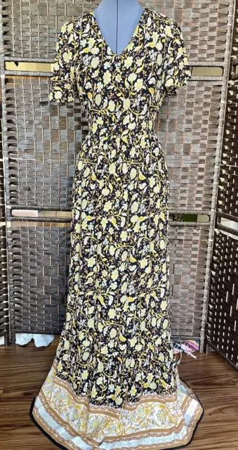 Sz m Yellow & Black floral Short Flutter Sleeve Maxi Dress Ruffle Skirt Sundress