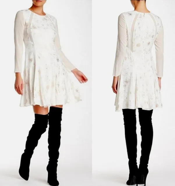 NWT Rebecca Taylor Womens Dress 8 White Gold Foil Print Silk Fit & Flare Mini