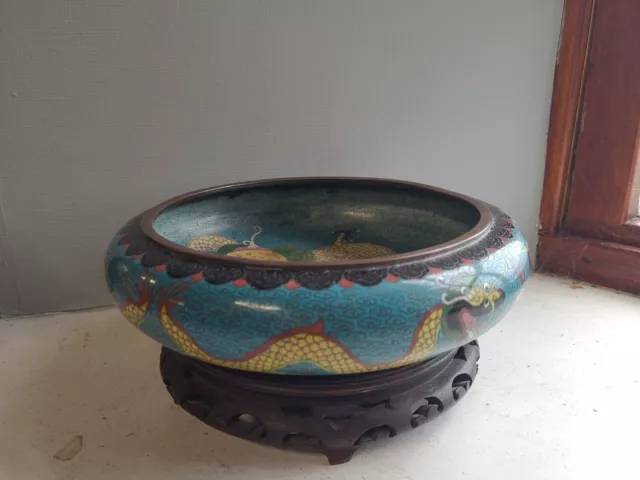 CHINESE CLOISONNE Enamel 8" Shallow DRAGON Bowl, Marked on back, Late 19th early