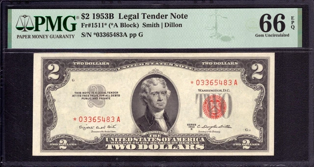 1953 B $2 Legal Tender Red Seal Star Note Fr.1511* Pmg Gem Unc 66 Epq