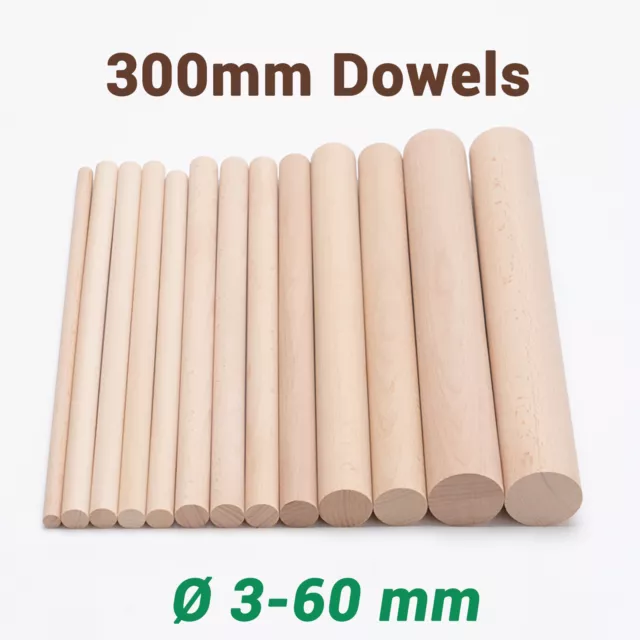 Wooden dowel rod 3,5,8,10,12,15,18,20,22-60mm diameters x 300mm wood doweling