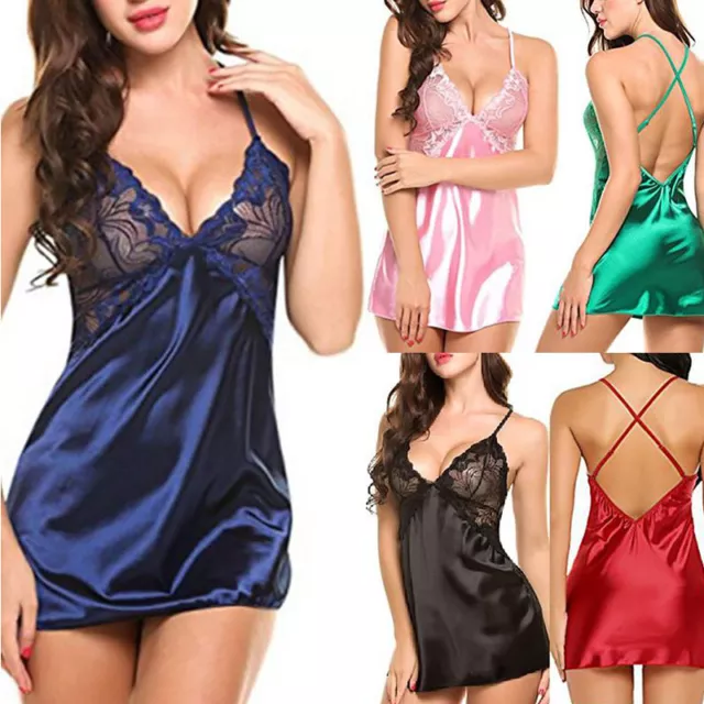 Women Sexy Lace Satin Silk Lingerie Nightdress Ladies Nightie Pajamas Sleepwear