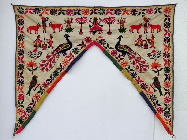 Bandanwal vintage, 3,6 x 3,6 pi, toran à suspendre sur porte, toran antique brodé à la main, tenture murale colorée, toran de porte indien, textile vintage - France