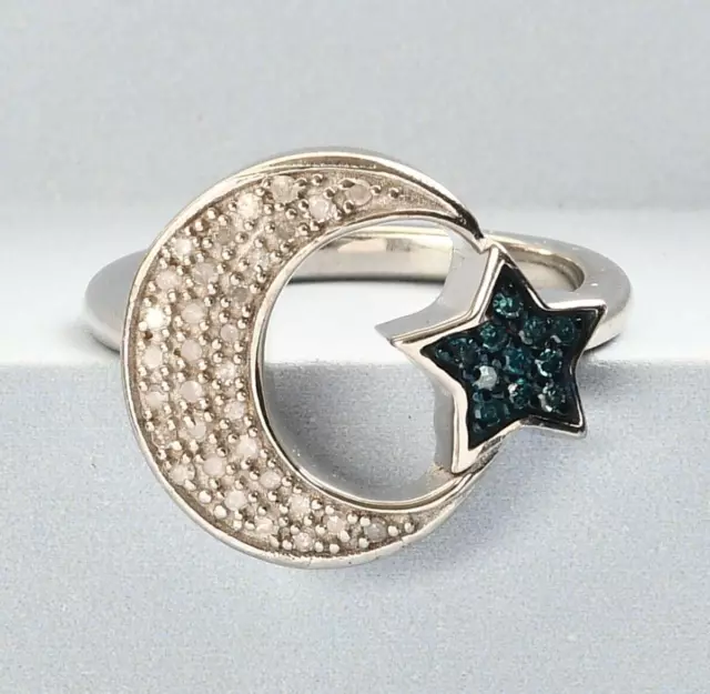 Nwt Moon & Star, Blue & White Diamond Ring Size 8 (0.25 Ctw) 925 Sterling Silver