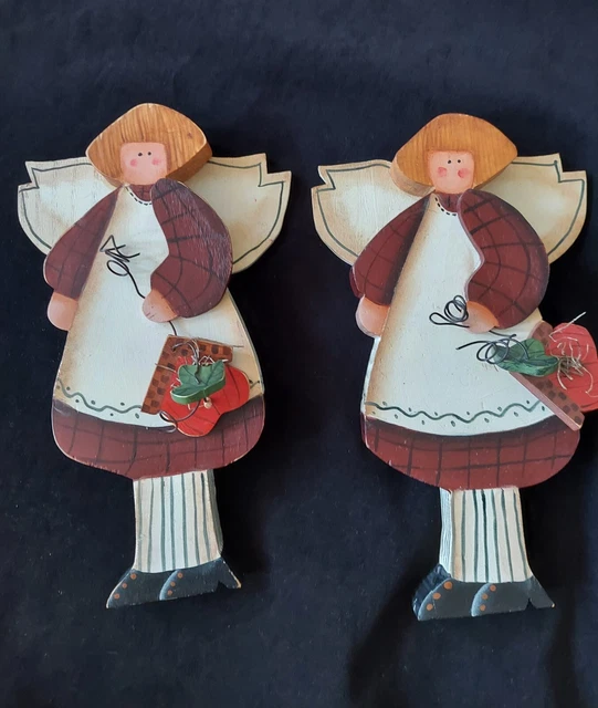Rustic Farmhouse Wood Angel Freestanding Girl With Birdhouse Set of 2 Vintage