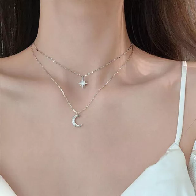 925 Silver Filled Star Moon Pendant Chain Necklace Womens Jewellery Girls Choker