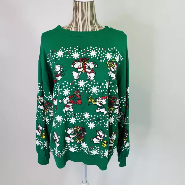 Vintage Jane Colby Green Dancing Bears Ugly Sweatshirt OS Women's USA Made