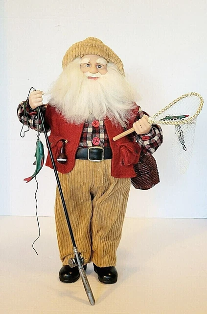 Fishing Fisherman Santa Claus with Pole Basket Fish 16" Tall Christmas Figure