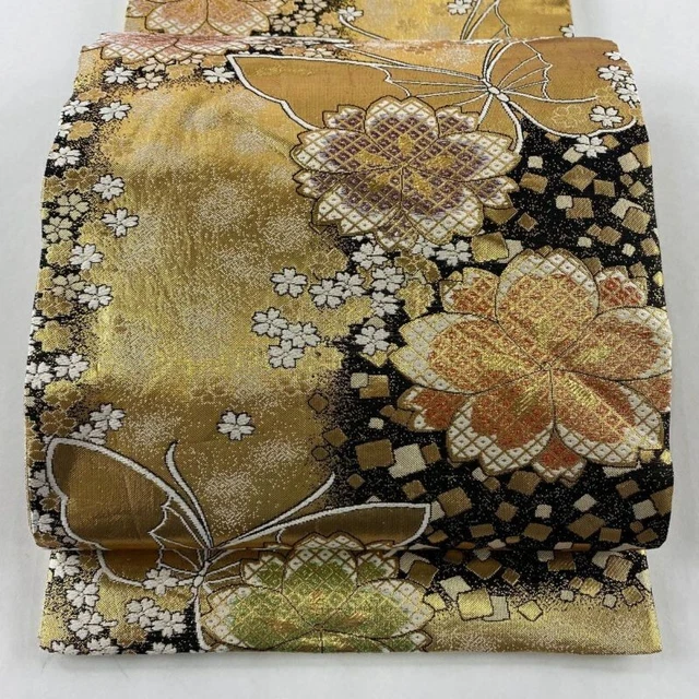 Woman Japanese Kimono Fukuroobi Silk Cherry Blossom Butterfly Gold thread Foil