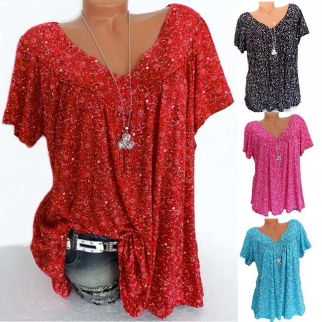 Womens Casual Printed Short Sleeve V-neck T-shirt Blouses Summer Tops Plus Size 2