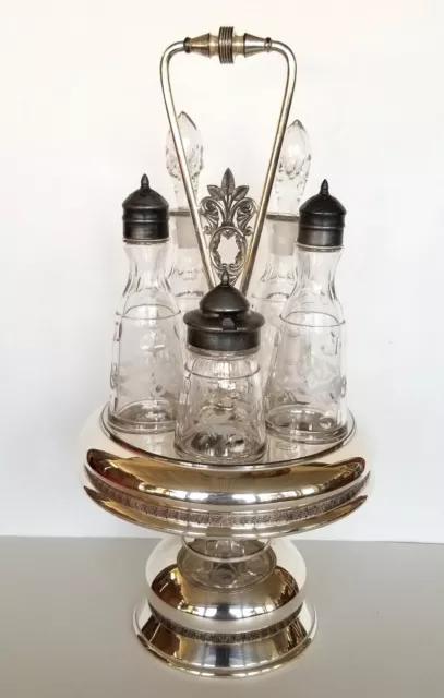ANTIQUE c1881 Silverplate CRUET STAND & Fine Set EAPG Etched Bottles CROMWELL Co