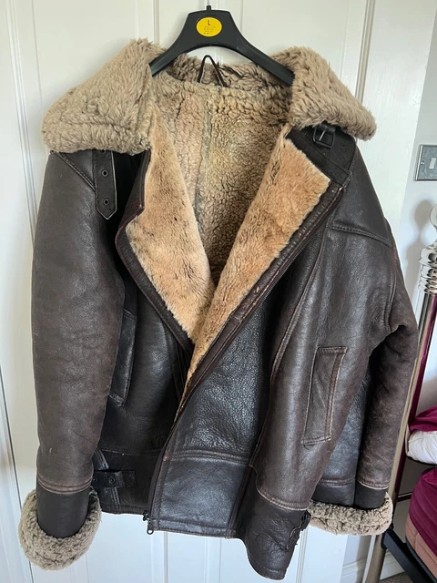 mens used sheepskin leather flying jacket