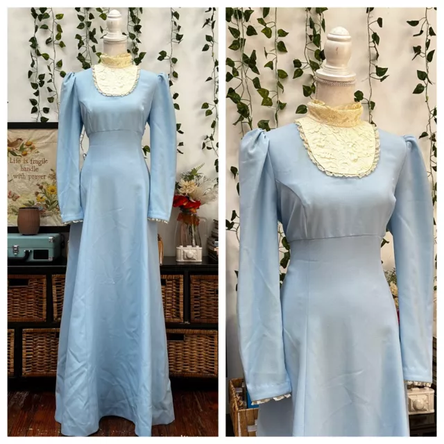 Vintage 60s 70s Prairie Maxi Dress Blue Lace High Neck Cottage Boho Hippy M/L