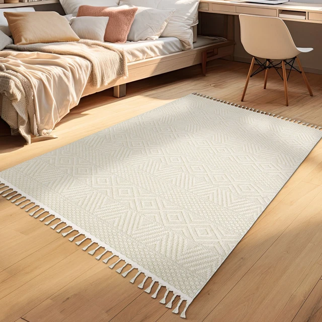 Tapis Pile Courte Chambre Adulte Salon Bohème Scandi Franges