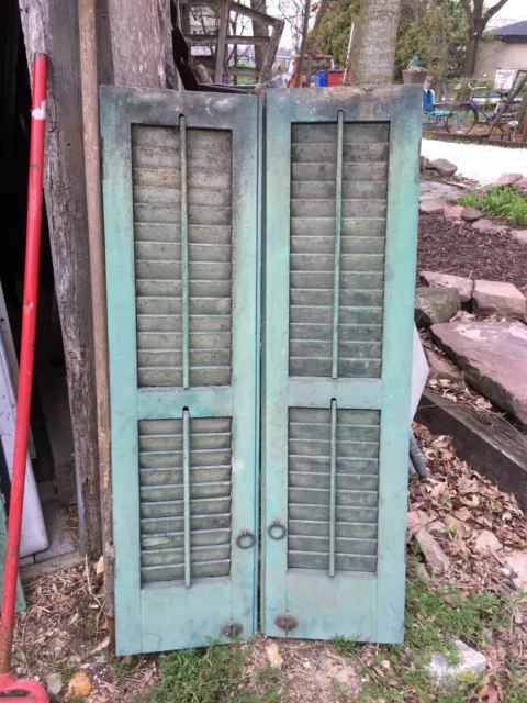 Vtg  1 Pair  Old  Wooden Door Shutters Architectural Green Louvered 43in X 24in