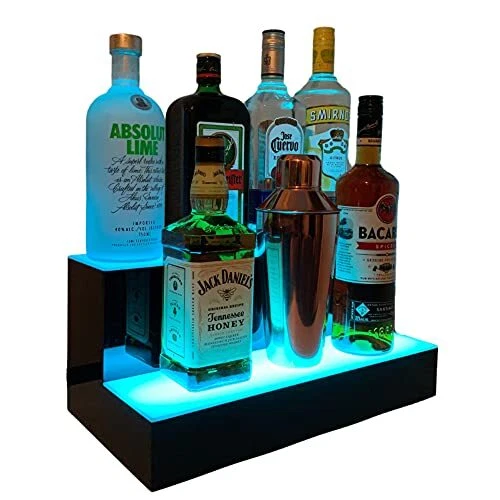 Liquor Bottle Display LED Shelf - 2 Step Multicolor Lighted Bar Stand 16 inch