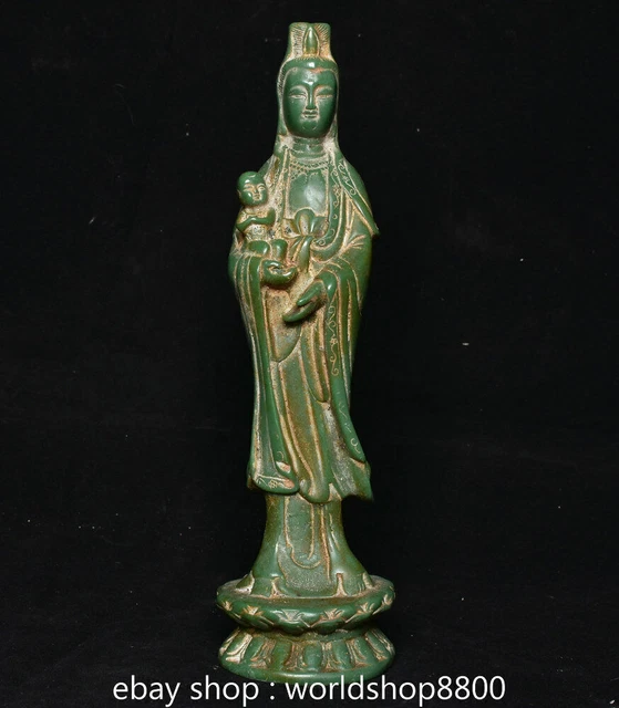 10" Chinese emerald jade carving pedestal Kwan-yin Guan Yin Holding boy statue