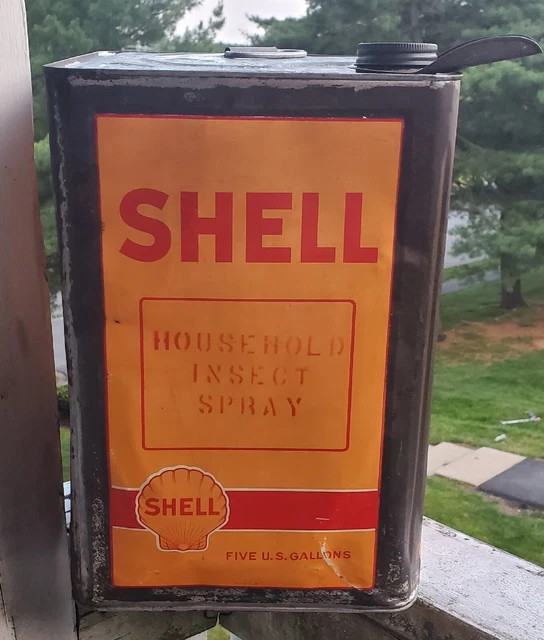 VINTAGE 5 GALLON Square Motor Oil Gas Can Shell Clam Shell Insect Spray