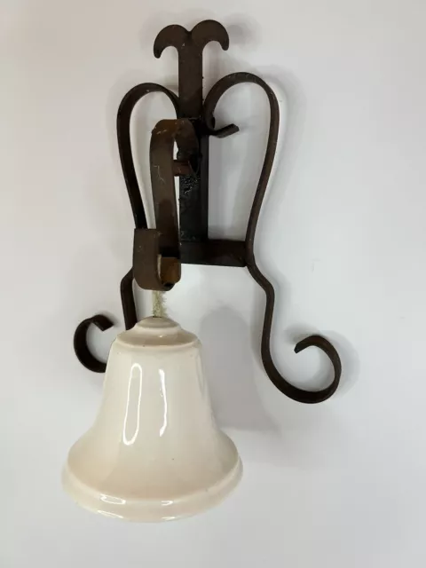 Vintage Rustic Metal Wall Mount Bell w Original Hanger Pull Rope & Bell