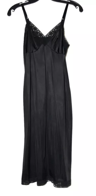 Vintage Black Floral Lace Trim Nylon Full Slip Size 32 USA