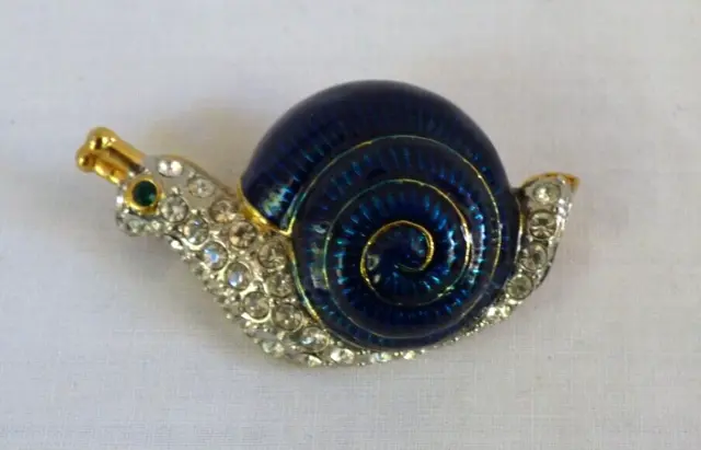 Vtg Snail PIN BROOCH Blue Enamel & Rhinestone Gold Tone