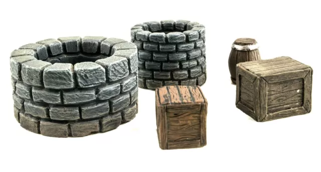 WWG Fantasy Village - Set de Puits, tonneaux et boîtes - Wargaming, Médiéval