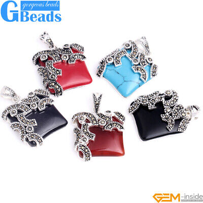 Red Agate Multicolor Square Beads Marcasite Silver Pendant FREE Gift Box Chain
